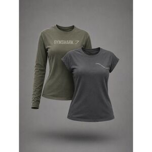 Gymshark Womens Activewear Bundle Grey Short Sleeve Olive Long Sleeve Medium‎